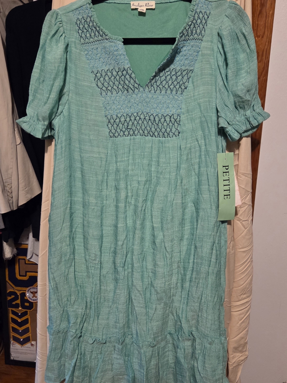 Petite Seafoam Smocked V-Neck Midi Dress by Indigo Rose